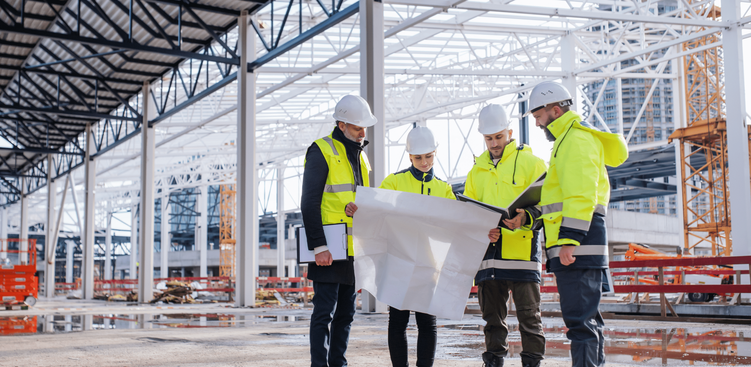 Four construction workers are looking at a plan.